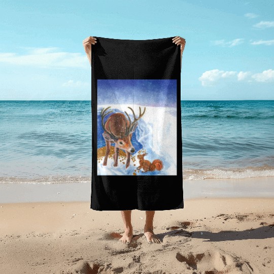 Red Deer and Squirrel in Winter Illustration Beach Towels