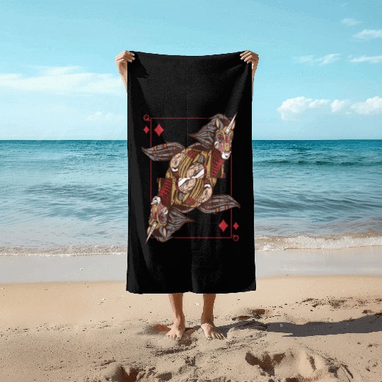 Unicorn steampunk card game Queen of Diamonds Poke Beach Towels