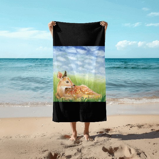 Cute Little Fawn in the Grass Illustration Beach Towels