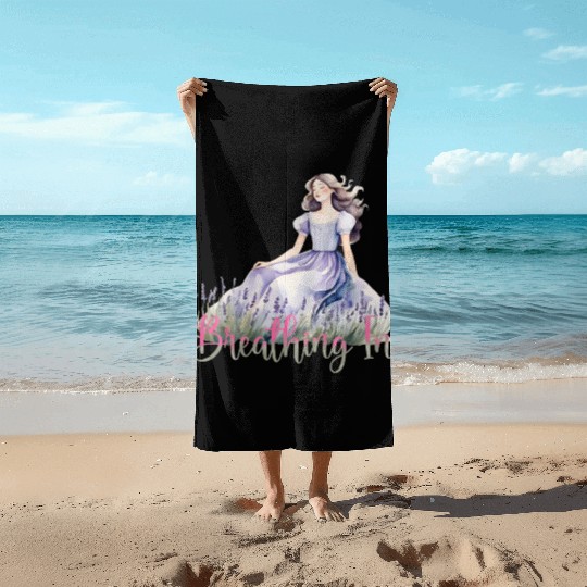 Girl in Lavender Dress Relaxing in Flower Field Beach Towels