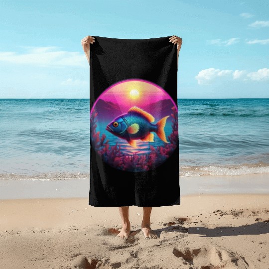 Synthwave Fish and Coral and a Sunset and Ocean Beach Towels