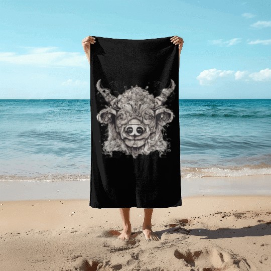 buffalo head and flower design Beach Towels
