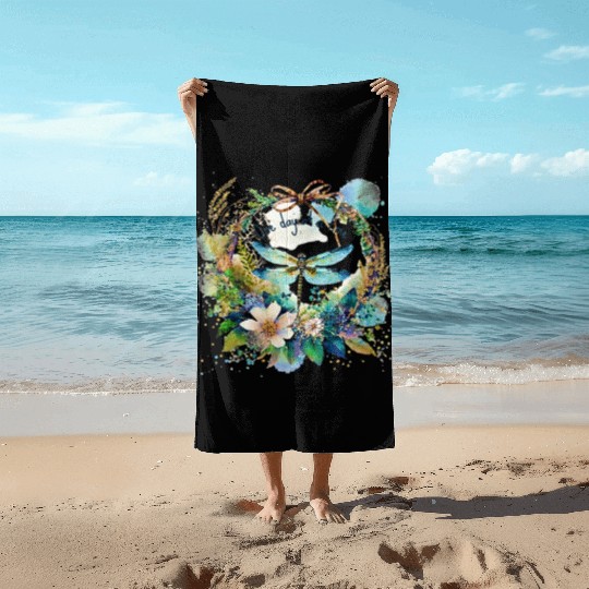 One day at a time dragonfly floral Beach Towels