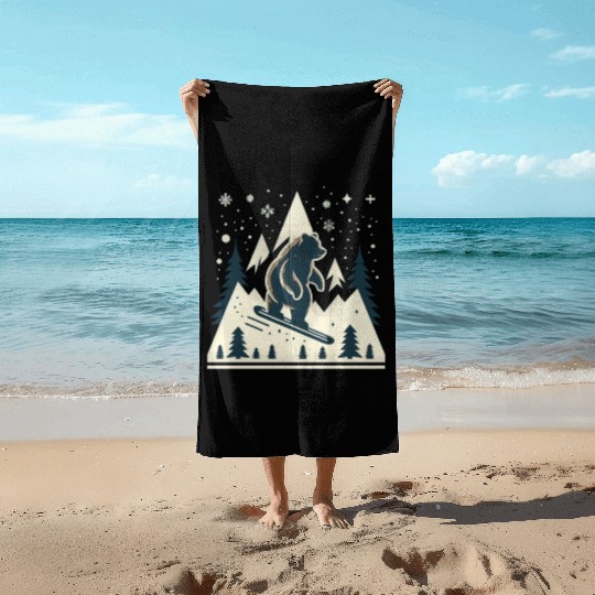 Skiing Grizzly Beach Towels
