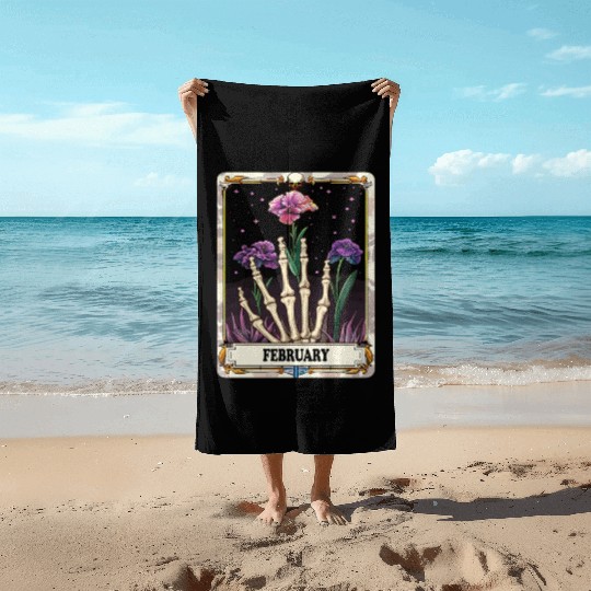 February Gothic Tarot Card - Violet Flower & Skele Beach Towels