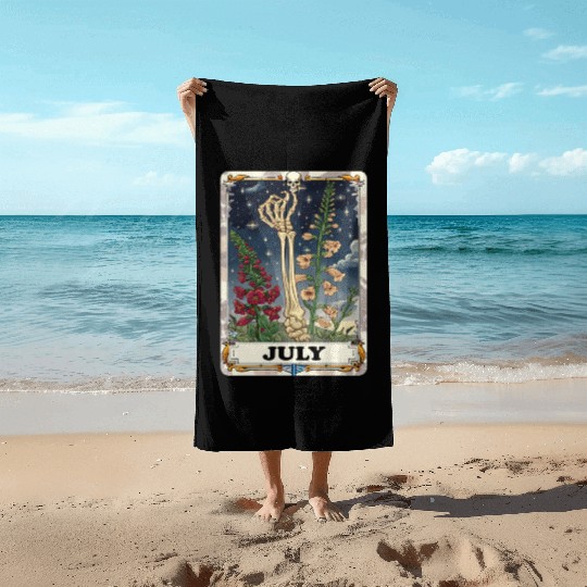 July Gothic Tarot Card - Larkspur Flower & Skeleto Beach Towels