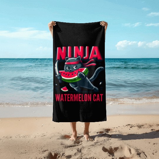Ninja Cat Watermelon Swordplay Beach Towels