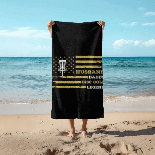 Disc Golf Husband Daddy US Flag Beach Towels