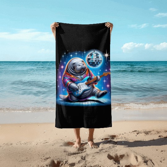 Disco Ball Guitar Manatee Beach Towels