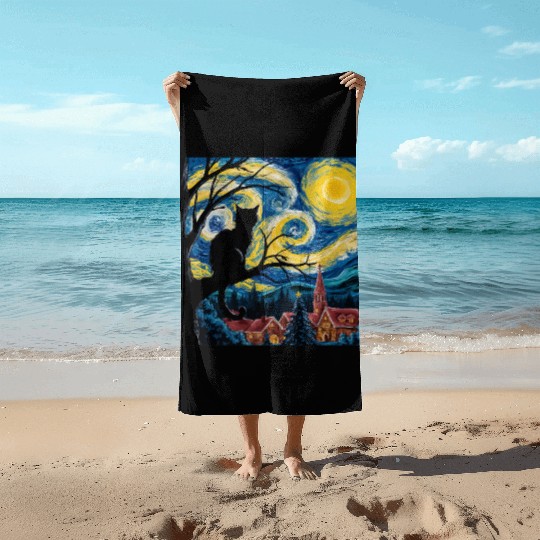 Starry Night Cat Art Premium Beach Towels