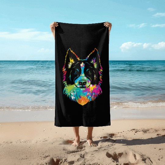 Pop Art Style Dog Face Puppy Border Collie Beach Towels