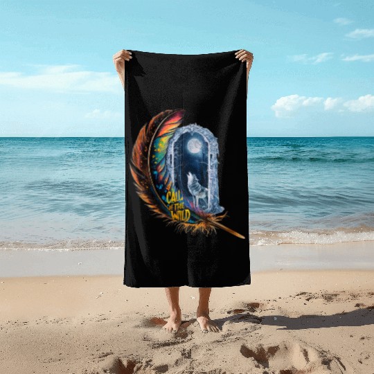 Glowing feather with wolf howling at the moon Beach Towels