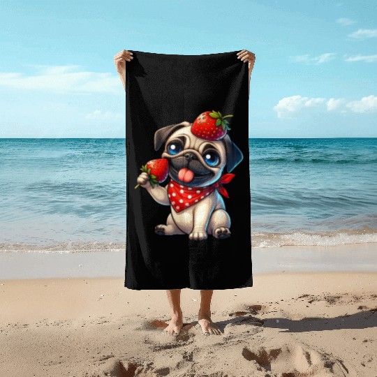 Quirky Dog Pug with Strawberry on Head Fruity Beach Towels