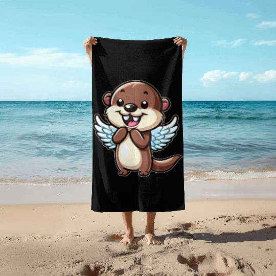 Cute Otter Water Rat Cartoon Angel with Wings Beach Towels