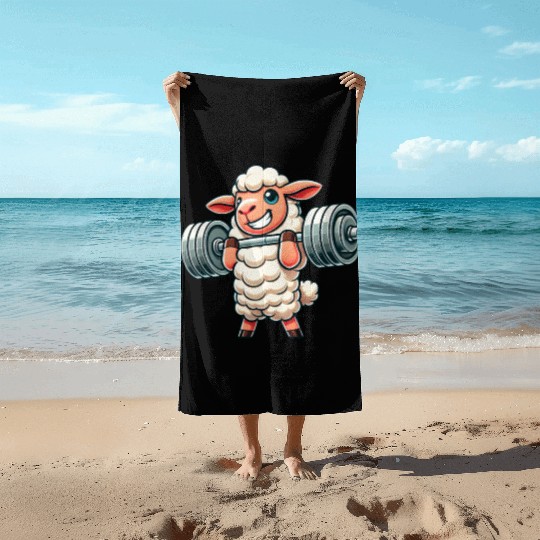 Cute sheep lamb weightlifter fitness workout Beach Towels
