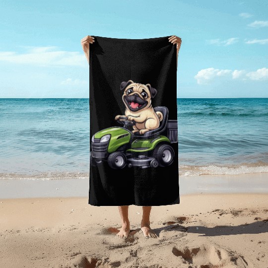 Pug dog riding lawnmower gardening landscaping Beach Towels