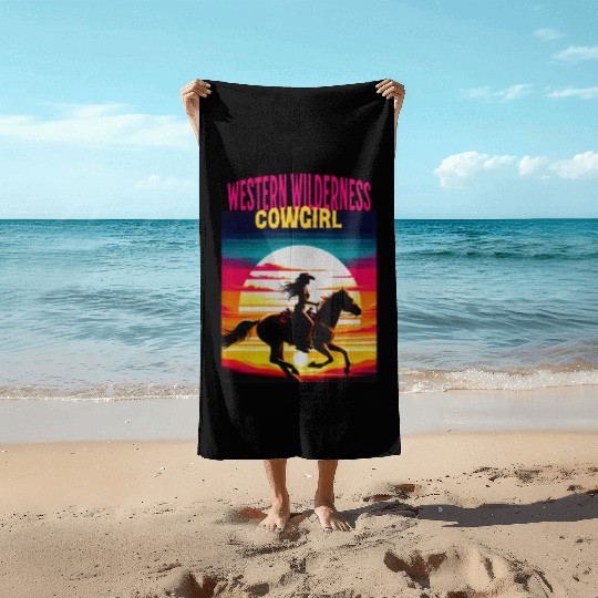 Western Wilderness Cowgirl, 80s Sunset Vibes Beach Towels