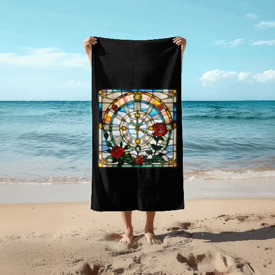 "Time" church window design Beach Towels