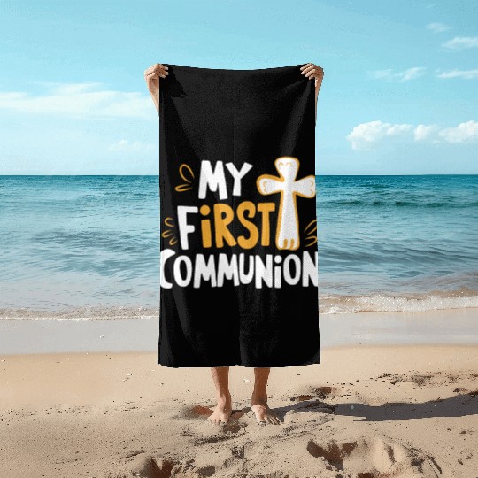 My First Communion Celebration Graphic Beach Towels