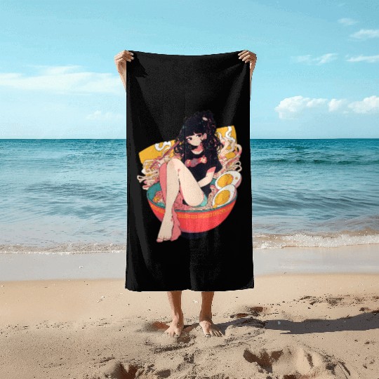 Anime Girl In Ramen Bowl Beach Towels