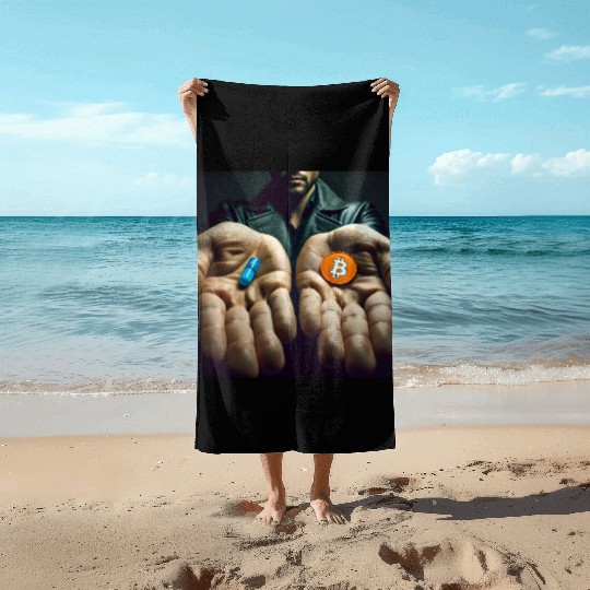 Bitcoin BTC Cryptocurrency Orange Pill Blue Pill Beach Towels