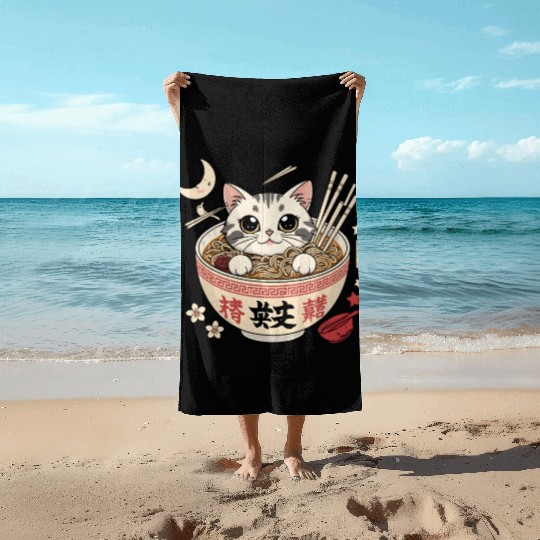 Kawaii Ramen Cat Japanese Noodles for Otaku Lovers Beach Towels