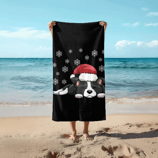CHRISTMAS SANTA HAT SLEEPING BORDER COLLIE DOG Beach Towels
