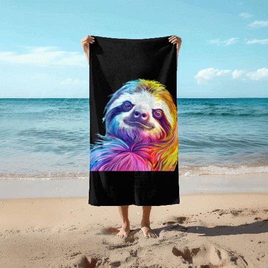 Vibrant Rainbow Sloth Art Beach Towels