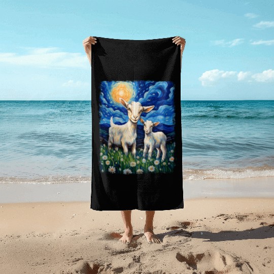 Goats Farm Animals Farmer Starry Night Painting Beach Towels