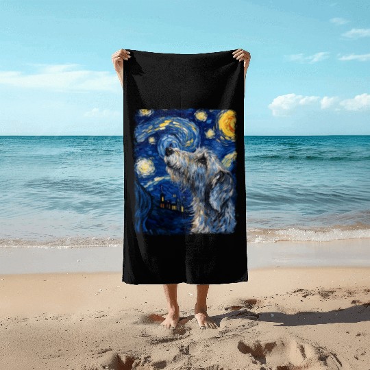 Irish Wolfhound Dog Starry Night Painting Beach Towels