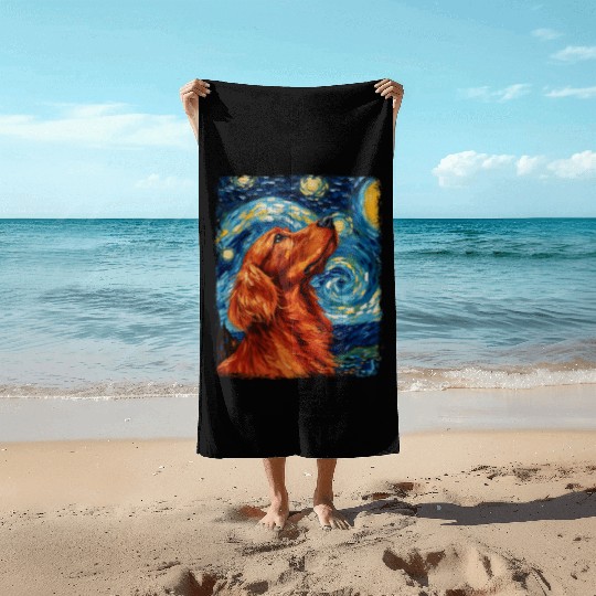 Irish Setter Dog Starry Night Painting Beach Towels