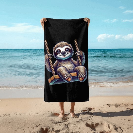 Cute sloth swing cartoon playground animal Beach Towels