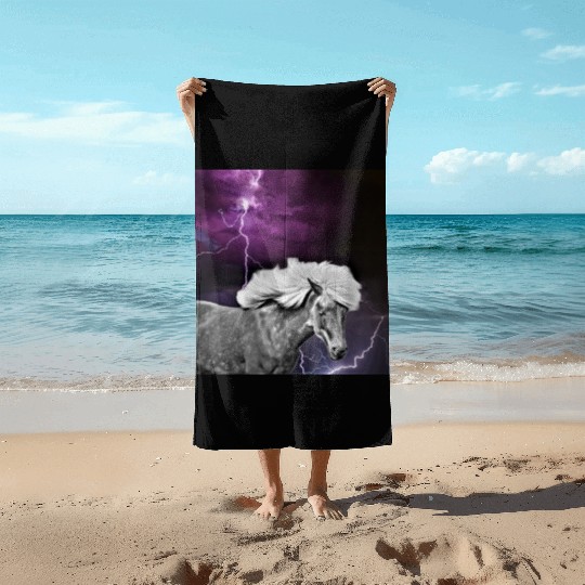 Horse, lightning, night Beach Towels
