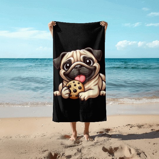 Cute pug cookie cartoon dessert sweet treat Beach Towels