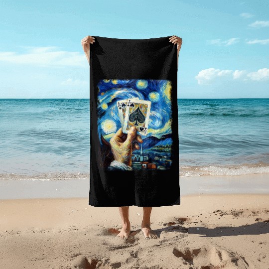 Blackjack Gambling Cards Starry Night Painting Beach Towels