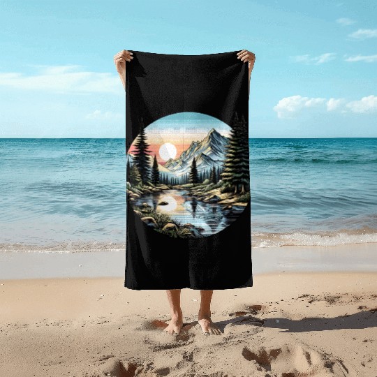 Tranquil Mountain Sunrise: Serene Landscape Art Beach Towels