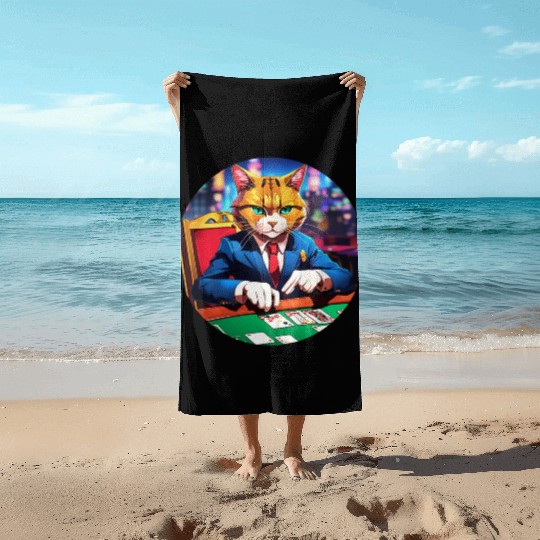 The Gambler Cat's Blackjack Night Beach Towels