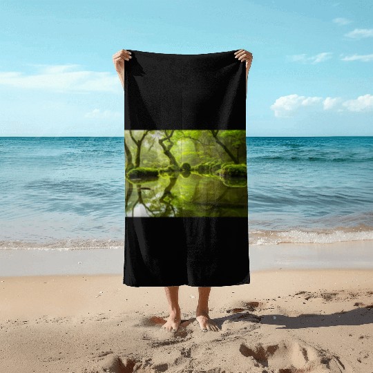 Enchanted Forest Reflections in Tranquil Pond Beach Towels