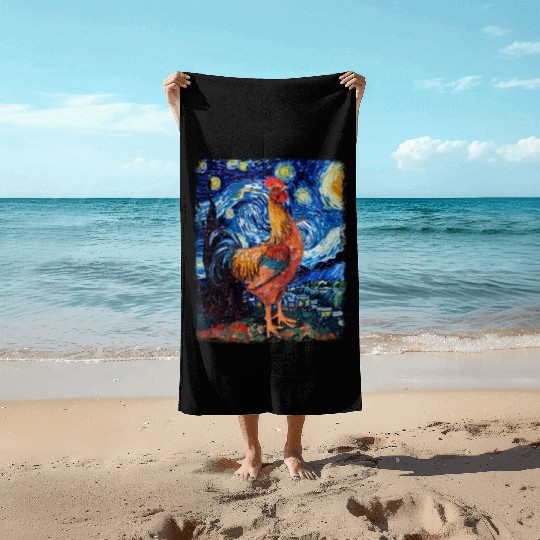 Chicken Farm Farmer Farming Starry Night Painting Beach Towels