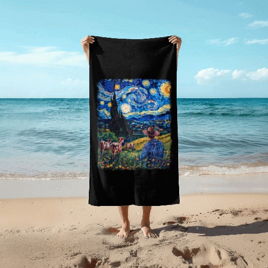 Cow Farmer Farming Farm Starry Night Painting Beach Towels