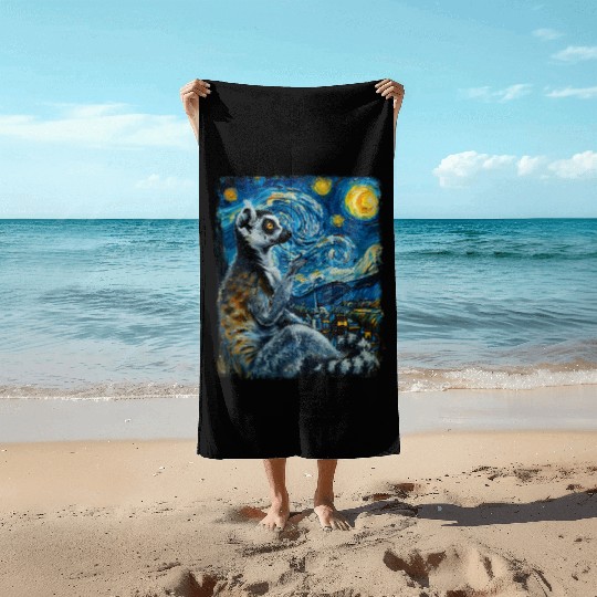 Lemur Ring Tailed Starry Night Painting Beach Towels