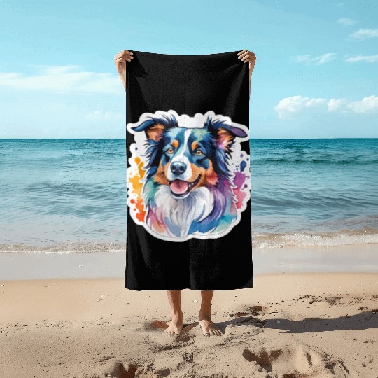 Border Collie Watercolor Beach Towels