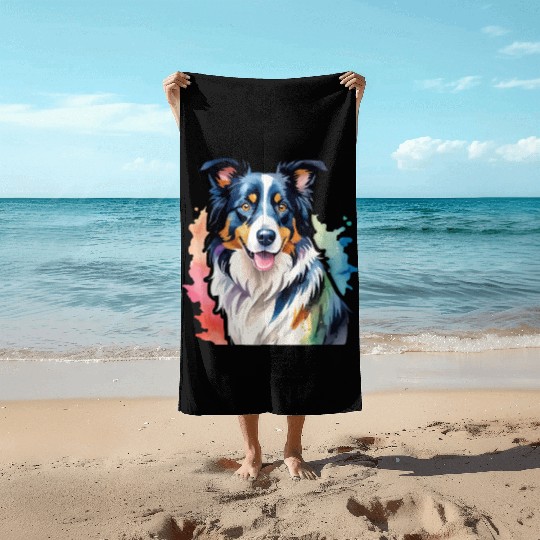 Border Collie Watercolor Beach Towels