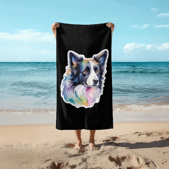 Border Collie Watercolor Beach Towels