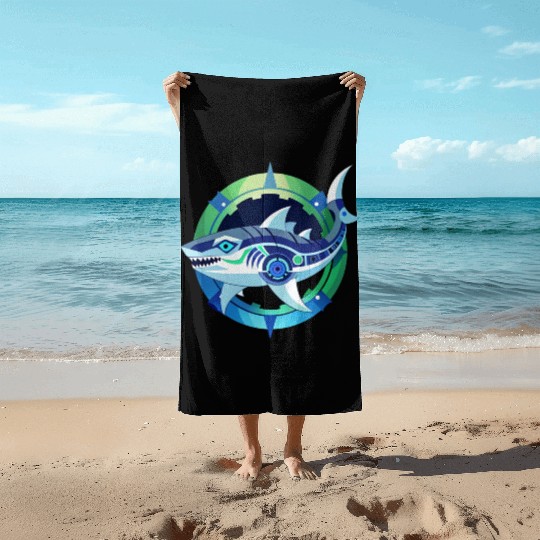 Shark, combines organic and mechanical aesthetics. Beach Towels