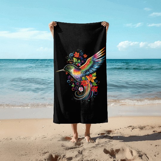 Hummingbird Flowers Colorful Hummindgbird Beach Towels