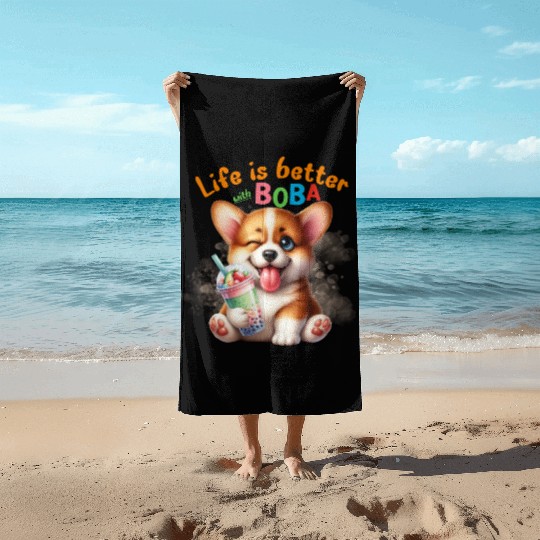 Corgi with BOBA tea Milk TEA Bubble tea Beach Towels