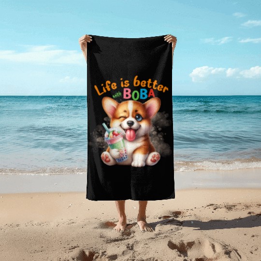 Corgi with BOBA tea Milk TEA Bubble tea Beach Towels