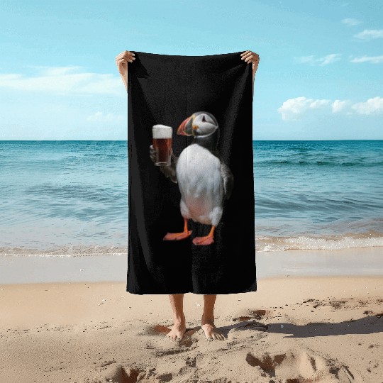 Atlantic Puffin Drinking Beer Realistic Beach Towels