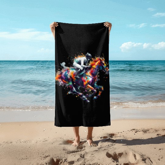 Horse Racing Boy Watercolor art Beach Towels